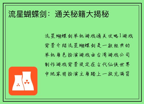 流星蝴蝶剑：通关秘籍大揭秘