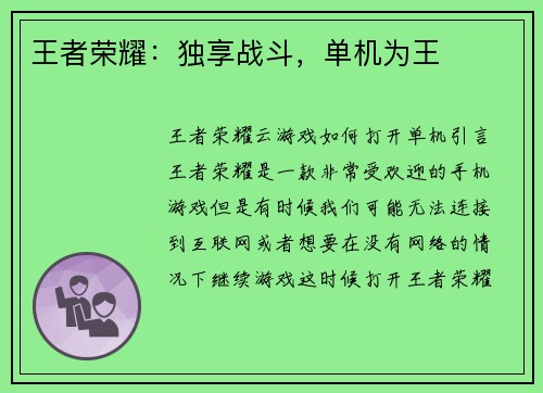 王者荣耀:独享战斗,单机为王 王者荣耀:独享战斗,单机为王